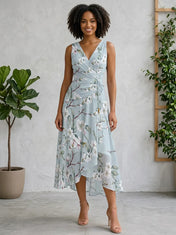 V-Neck Floral Print Ruched A-Line Midi Dress with Asymmetrical Hem