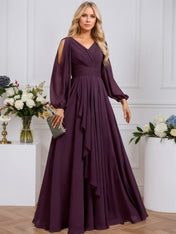 A-line Cold Shoulder V-Neck Floor-Length Chiffon Evening Dress With Cascading Ruffles Beading