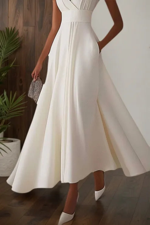 Evening Elegant Dress Sleeveless Deep V Neck Pleated Design Ball Gown Maxi Dress