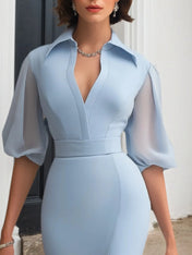 Formal Work Dress Blue Lapel Slit Mesh Maxi Dress