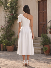 One‑Shoulder Bow Satin Midi Wedding Dress