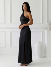 Navy Blue One Shoulder Mermaid Satin Maxi Dress with Slit