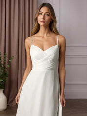 White A-Line V-Neck Pleated Crinkle Chiffon Wedding Dress