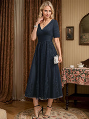 A-line V-Neck Tea-Length Tulle Lace Mother of the Bride Dress With Pleated