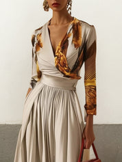 Women Light Khaki Floral V Neck Long Sleeve Wide-Leg Jumpsuit