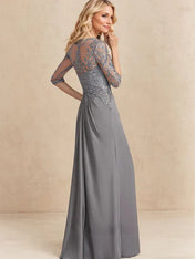 A-line Scoop Illusion Floor-Length Chiffon Lace Mother of the Bride Dress With Beading Sequins Cascading Ruffles