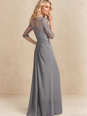 Robe de mère de la mariée trapèze en mousseline de soie et dentelle, longueur au sol, avec perles, paillettes et volants en cascade 