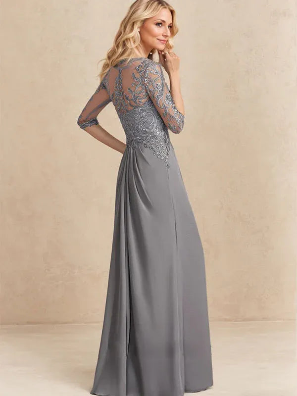 Robe de mère de la mariée trapèze en mousseline de soie et dentelle, longueur au sol, avec perles, paillettes et volants en cascade 