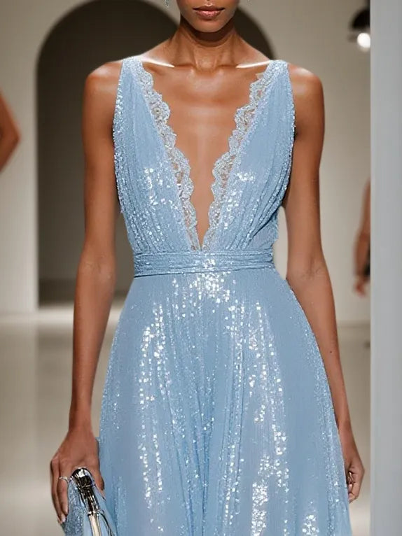Light Blue Lace Sequin V Neck Sleeveless A-Line Maxi Dress