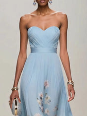Strapless Sweetheart Neckline Floral Print Chiffon Evening Gown with Ruched Waist