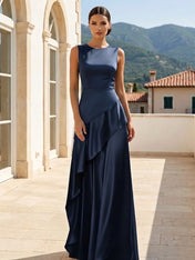 Navy Blue Evening Dress with Ruffle O Neck A Line Maxi Dress