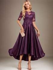 A-line Scoop Illusion Asymmetrical Stretch Satin Lace Mother of the Bride Dress With Sequins