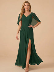 V-Neck Draped Cape Sleeve Chiffon Mermaid Mother of the Bride Dress with Slit