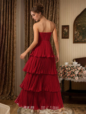 Burgundy A-Line Sweetheart Floor Length Tiered Chiffon Bridesmaid Dress