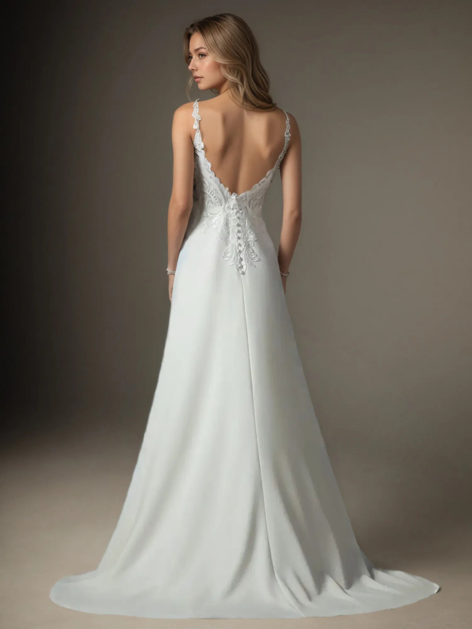 White A-Line V-Neck Sequins Stretch Crepe  Stretch crepe Lace Wedding Dress