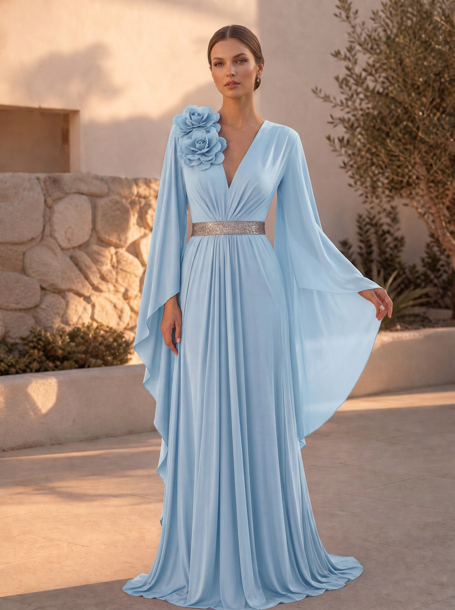 Plum V-Neck Rosette Accented Flowing Sleeve Floor-Length Gown Dress