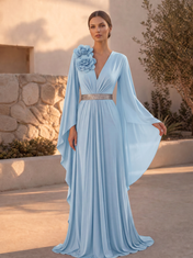 Plum V-Neck Rosette Accented Flowing Sleeve Floor-Length Gown Dress