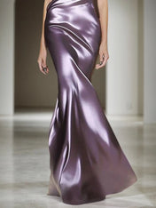 Evening Party Satin Dress Purple One-Shoulder Pleated Maxi Dress