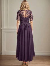 A-line Scoop Illusion Asymmetrical Chiffon Lace Mother of the Bride Dress With Sequins