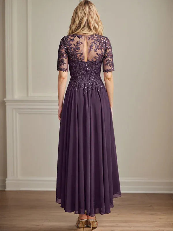 Robe de mère de la mariée asymétrique en mousseline de soie et dentelle, coupe trapèze, décolleté en V, illusion, avec paillettes 