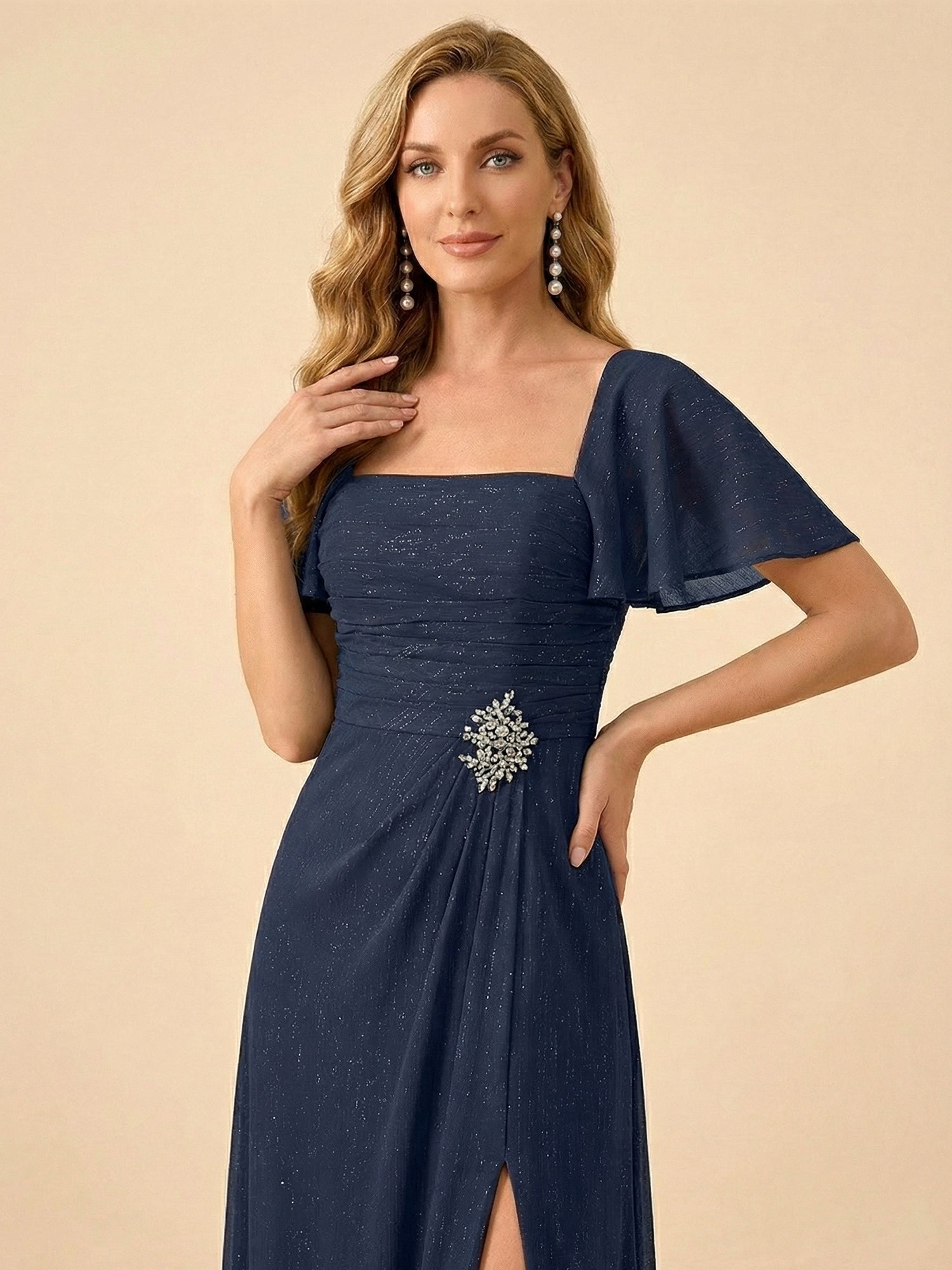 Navy Blue Square Neck Flutter Sleeve Slit Evening Gown with Rhinestone