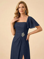 Navy Blue Square Neck Flutter Sleeve Slit Evening Gown with Rhinestone