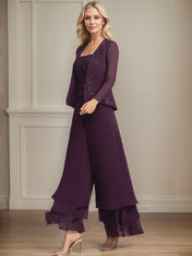 Separates Jumpsuit/Pantsuit Square Ankle-Length Lace Chiffon Mother of the Bride Dress With Sequins