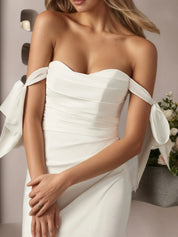 White Mermaid Off the Shoulder Crepe Back Satin Wedding Dress