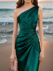 Emerald Green Formal Dress Mermaid One Shoulder Satin Maxi Dress