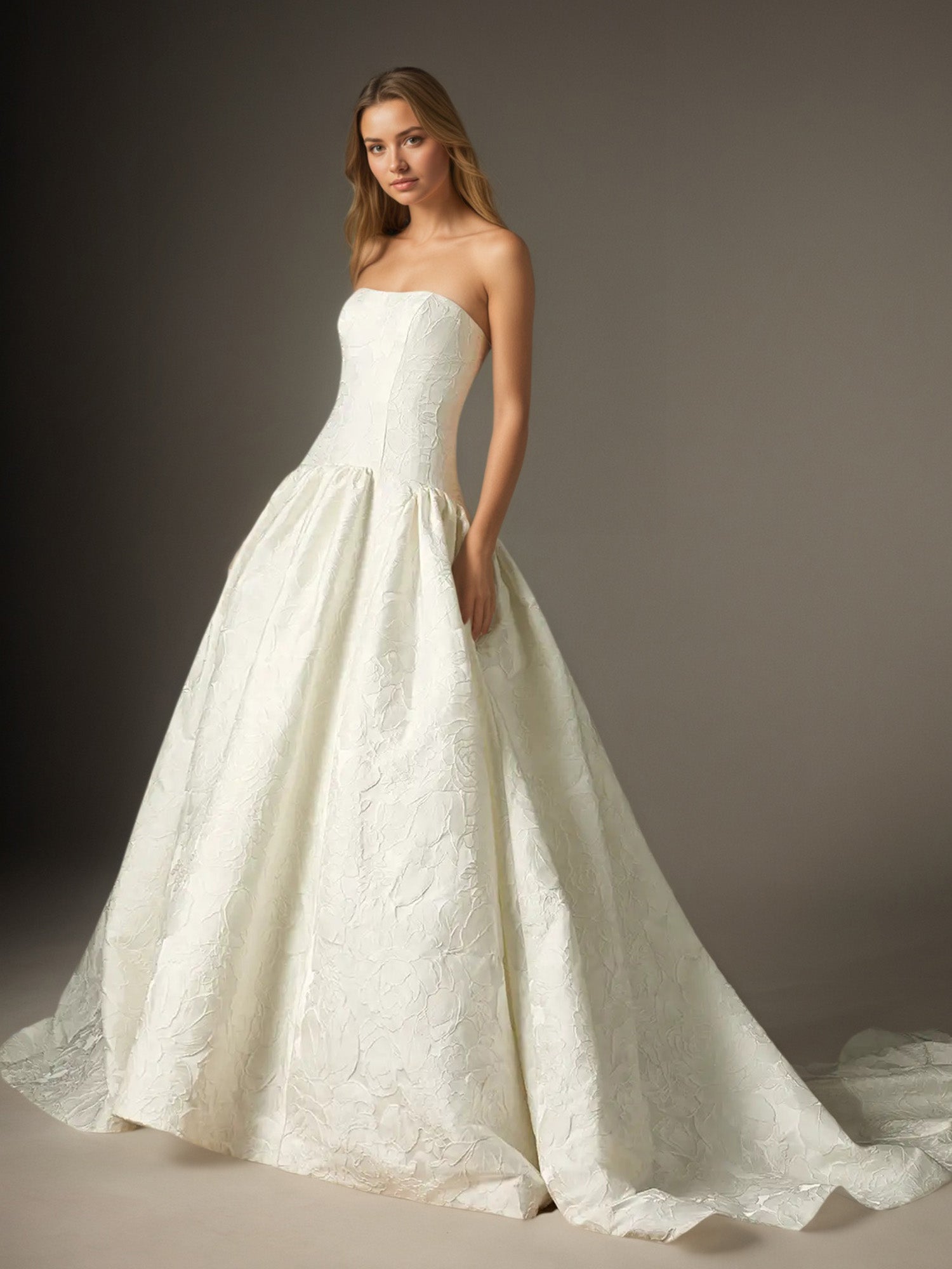 White Ball-Gown Strapless Floral Jacquard Wedding Dress