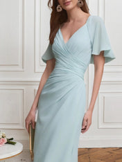 Wedding Guest Semi-Formal Dress Light Blue V-Neck Chiffon Midi Dress