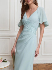 Wedding Guest Semi-Formal Dress Light Blue V-Neck Chiffon Midi Dress