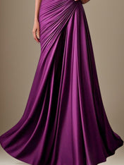 A Line Purple Satin Off the Shoulder Sleeveless Floor Length Dress With Ruffles