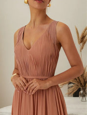 Pink Ruched Prom Dress V Neck Sleeveless A-Line Maxi Bridesmaid Dress
