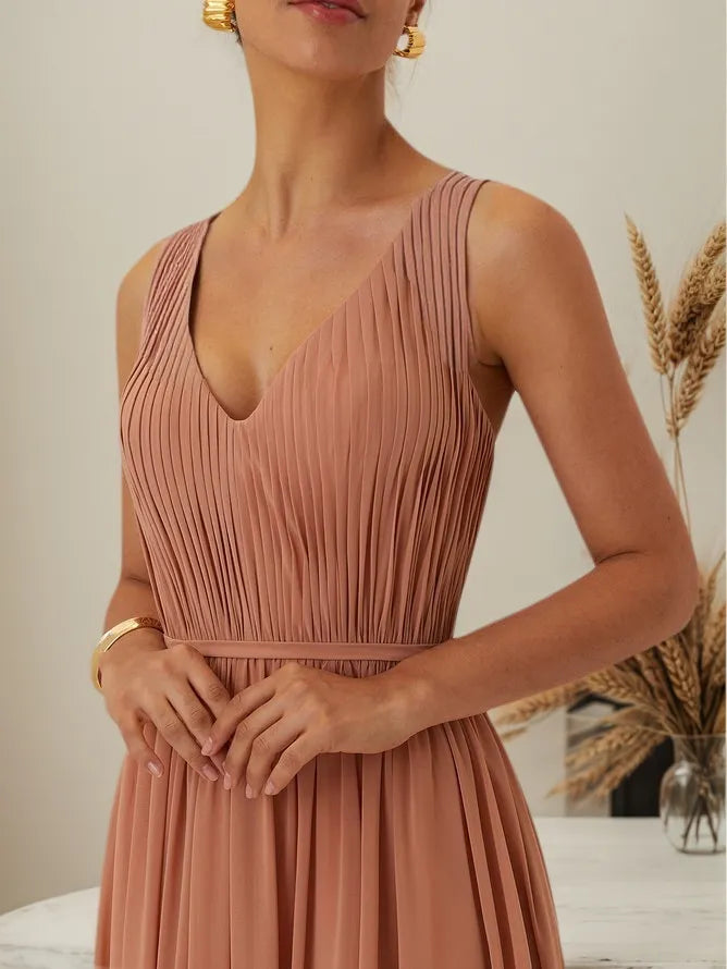 Pink Ruched Prom Dress V Neck Sleeveless A-Line Maxi Bridesmaid Dress