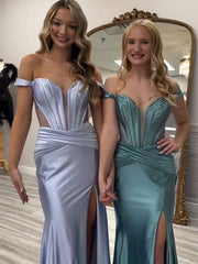 Grey Green Mermaid Off the Shoulder Long Prom Dress with Slit