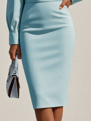 Light Blue High Neck Long Sleeve Sheath Knee Length Dress