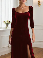 Formal Velvet Dress Burgundy Square Neck Maxi Mother of the Bride Dress