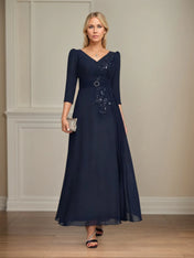 A-line V-Neck Ankle-Length Lace Chiffon Mother of the Bride Dress With Pleated Sequins