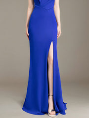 Evening Dress Royal Blue V-Neck  Off the Shoulder Ruffles Sleeveless High Slit