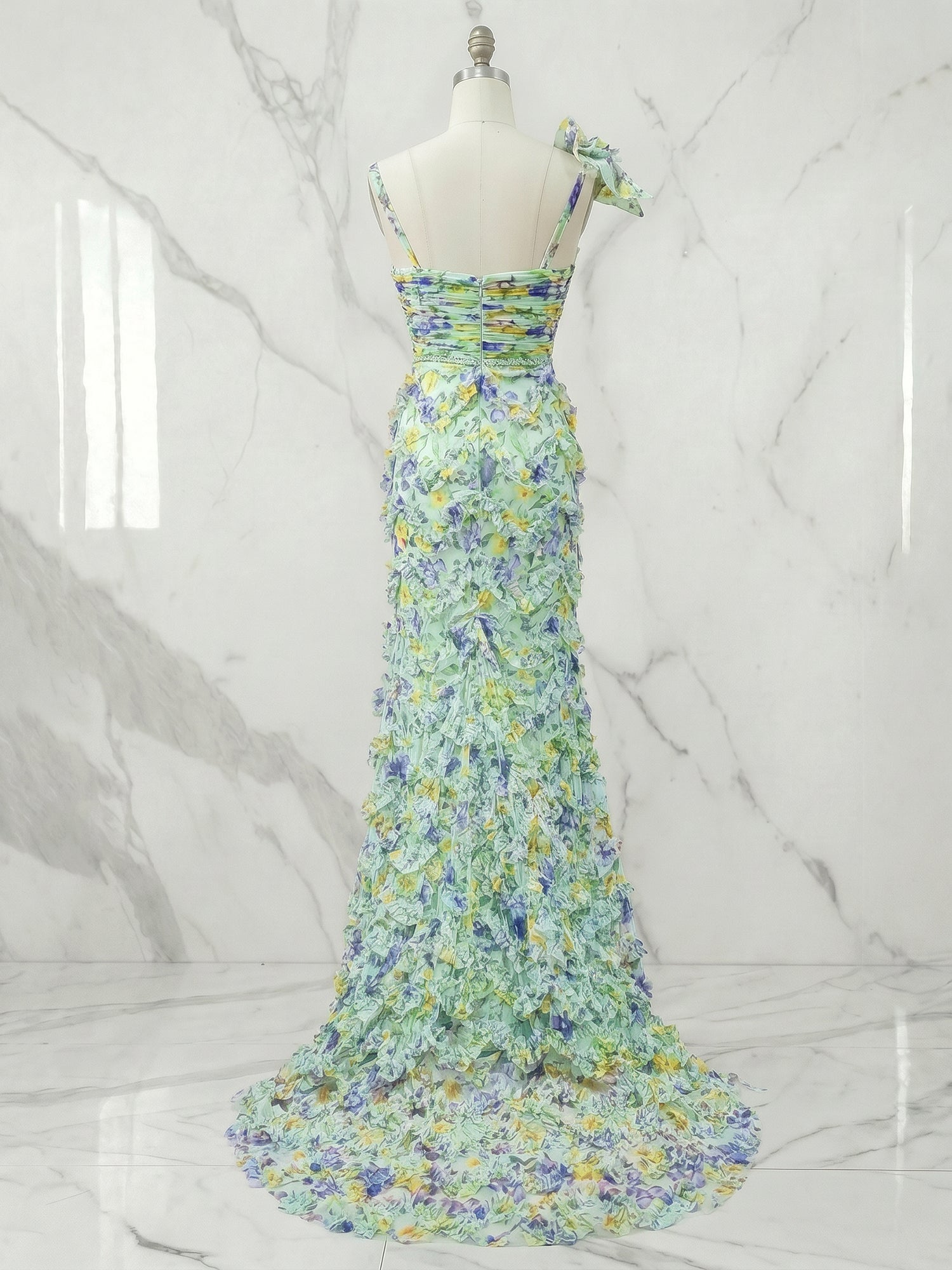 Floral Print Ruffled A-Line Gown with 3D Flower Accent Evening Dresses
