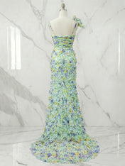 Floral Print Ruffled A-Line Gown with 3D Flower Accent Evening Dresses