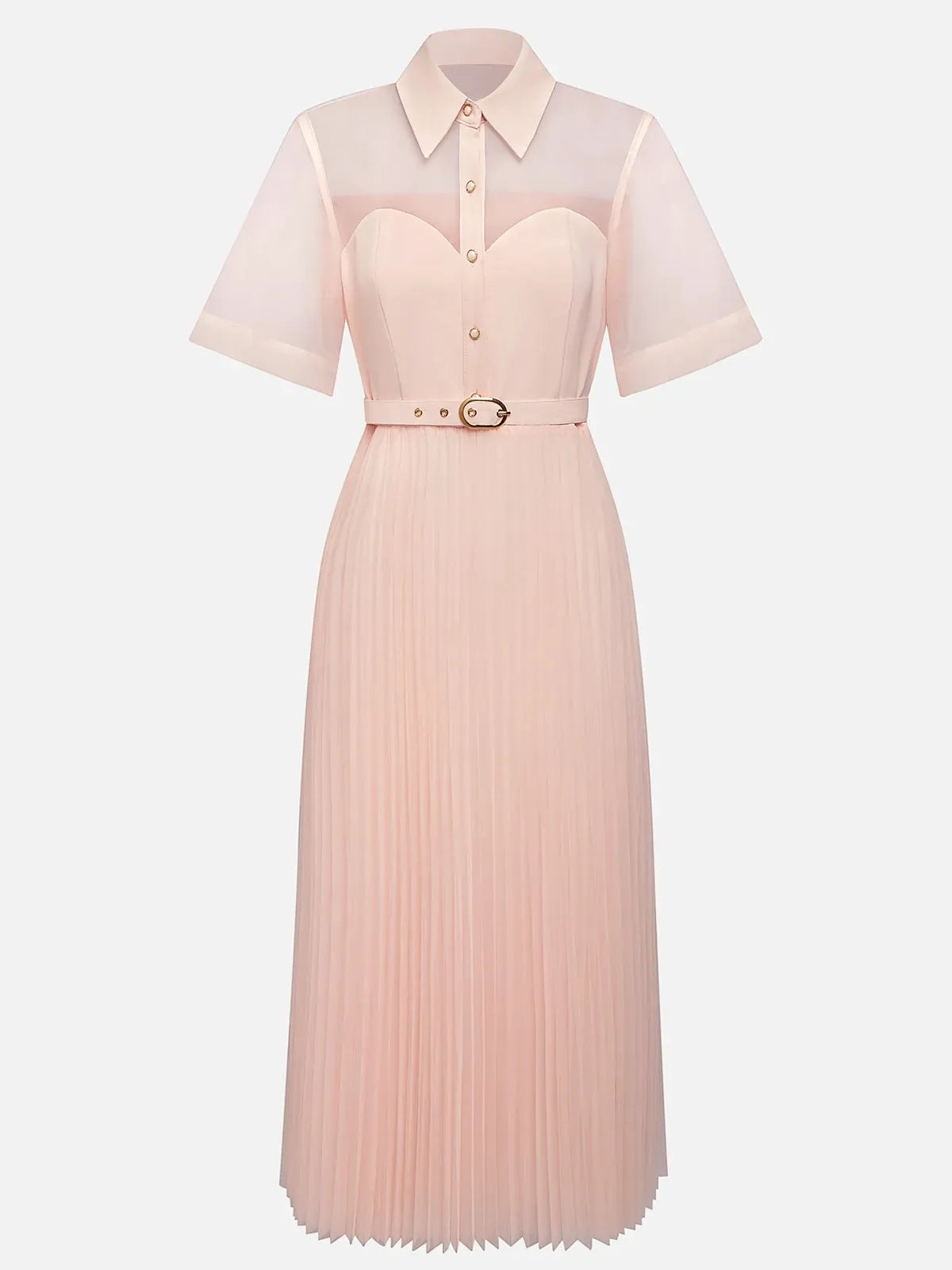 Pink Pleated Classic Shirt Collar Short Sleeve A-Line Midi Dress