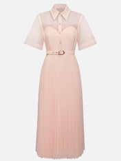 Pink Pleated Classic Shirt Collar Short Sleeve A-Line Midi Dress