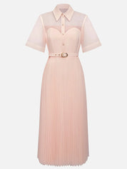 Pink Pleated Classic Shirt Collar Short Sleeve A-Line Midi Dress