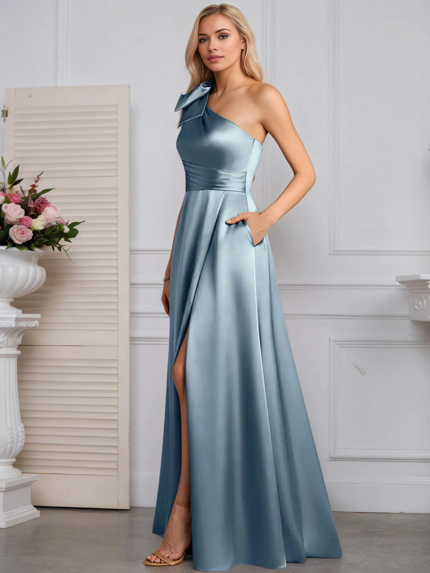 A-Line One Shoulder Stretch Satin Mother Of The Bride Dress With Bow