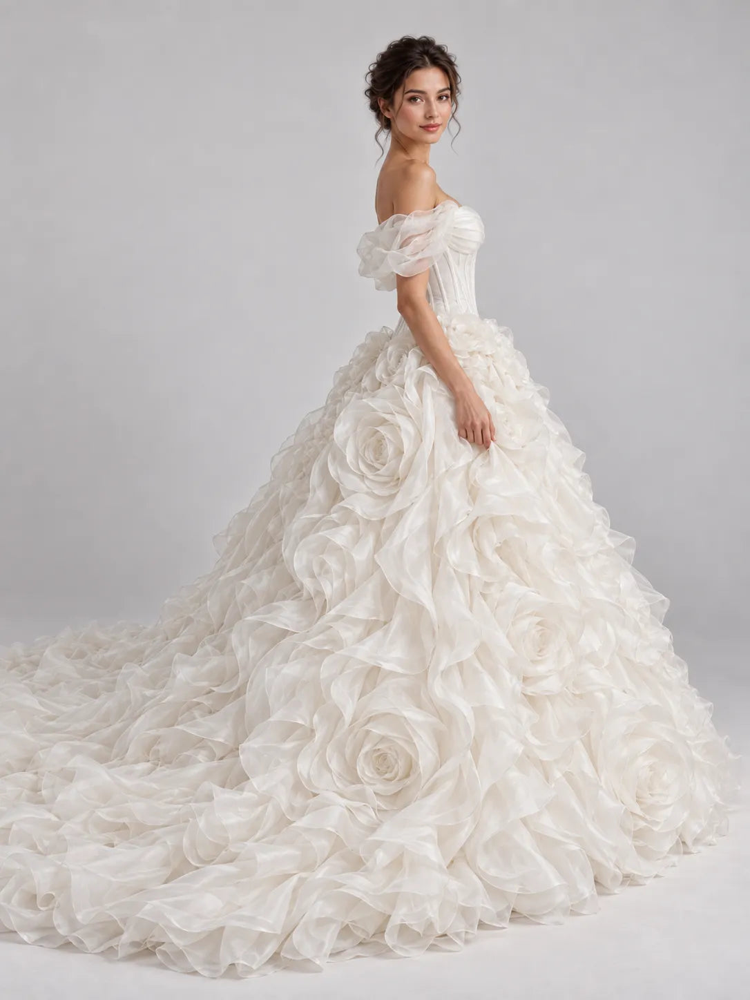 Off-The-Shoulder Sweetheart Ruffled Rose Applique Ball Gown Wedding Dress