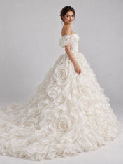 Off-The-Shoulder Sweetheart Ruffled Rose Applique Ball Gown Wedding Dress