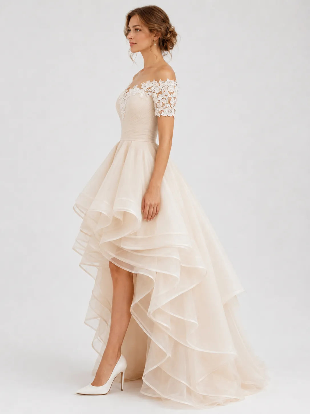 Elegant Off-the-Shoulder Lace High-Low A-Line Wedding Dress with Layered Organza Ruffles