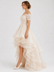 Elegant Off-the-Shoulder Lace High-Low A-Line Wedding Dress with Layered Organza Ruffles